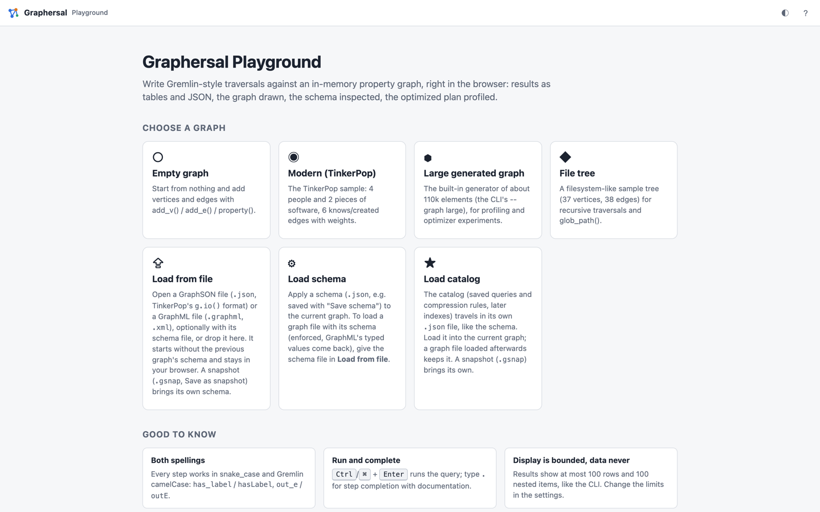 The start page: choose a sample graph or load a file