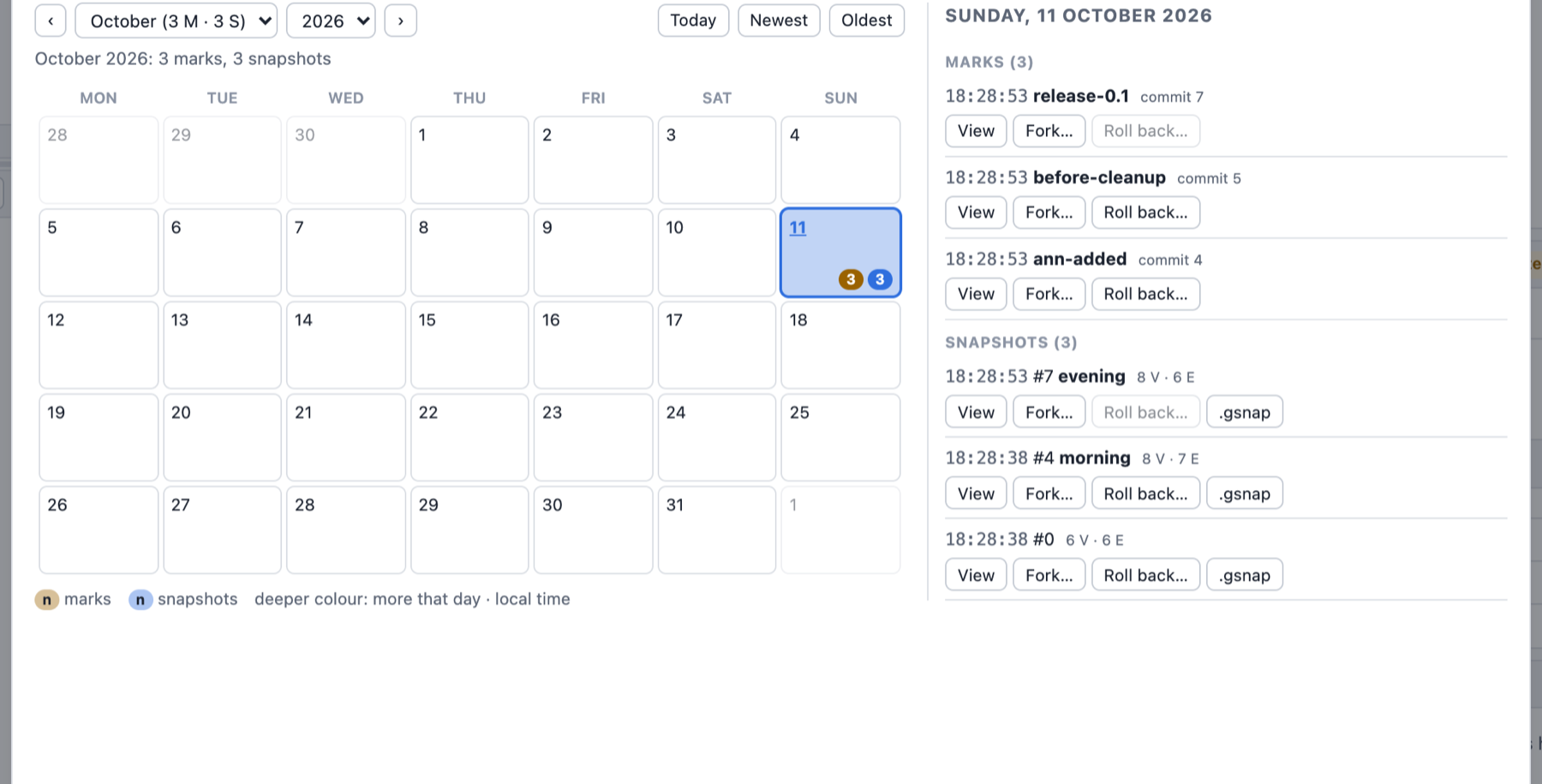 The history calendar: a month with the days that have marks and snapshots, and the entries of the selected day
