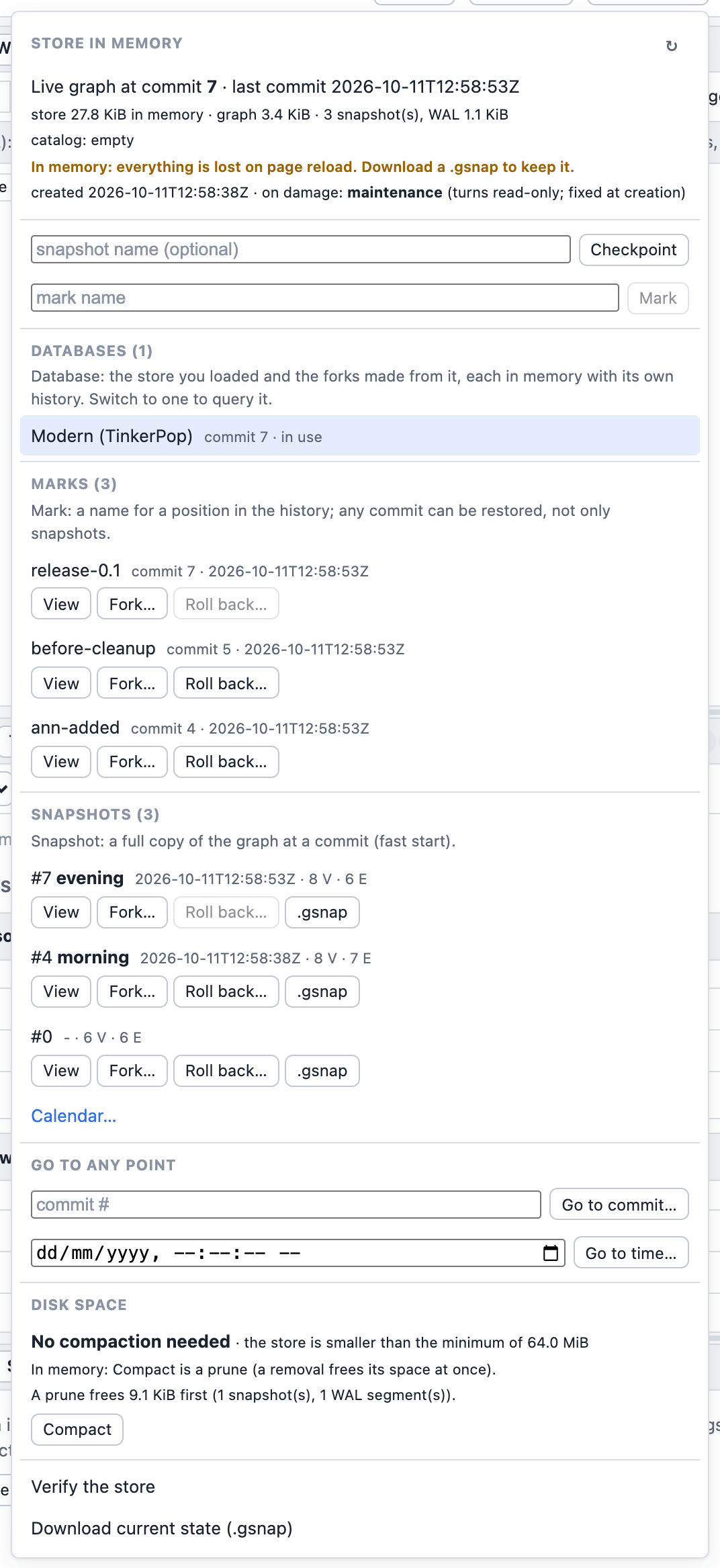 The Store menu of the playground: position, checkpoint and mark, databases, marks, snapshots, any point in time, disk space